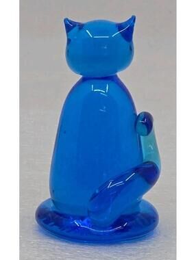 Terra Cat Art Glass Handmade Figurine Paper Weight Cobalt Blue Made In U.S.A.